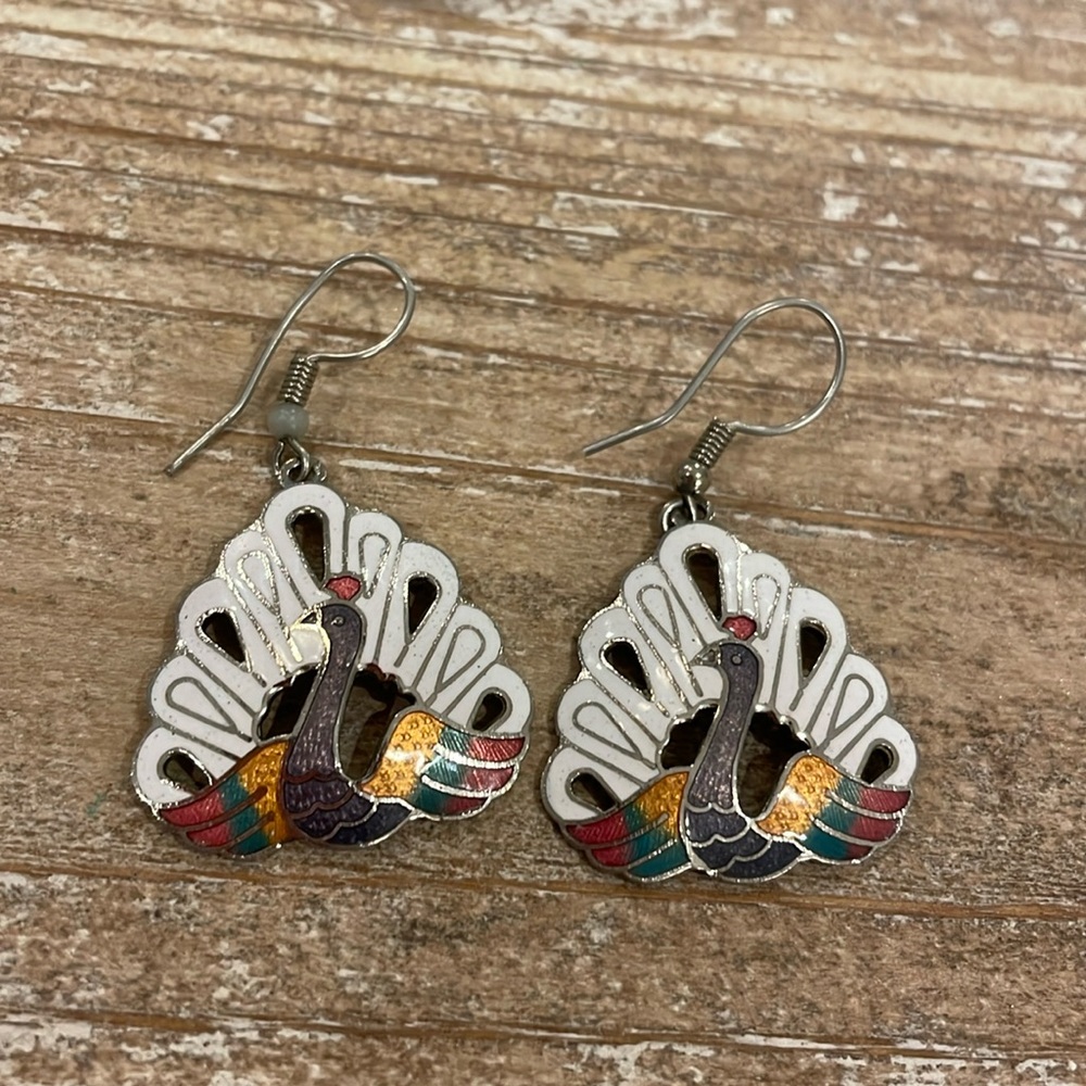 Vintage Silver White Enamel Peacock Dangle Drop Statement Earrings